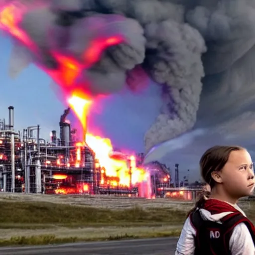 Prompt: epic photo of greta thunberg as superman flying realistic backlit background oil refinery explosions and black smoke