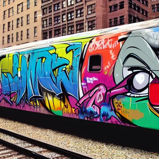 Prompt: wide angle full colour photo of a new york train carriage with the whole side covered by an award winning Graffiti piece in wildstyle, and many colours, with a comic character incorporated in the piece, ultrarealism, featured on artstation, octane render, powerful, iconic, inspiring, mesmerising