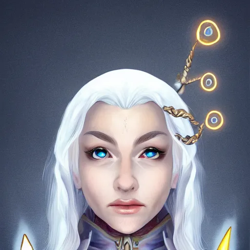 Image similar to Beautiful white haired aged fair skinned scholar elf with spell scroll and lightning background, full body, symmetrical, realism, digital painting, detailed artwork, portrait, mythical, artstation