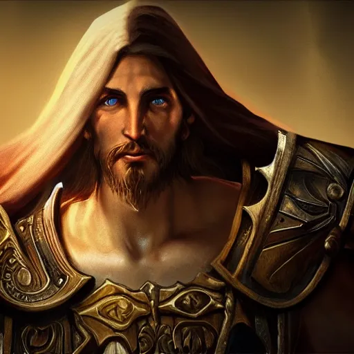 Prompt: a videogame still of Jesus in Diablo III, portrait, 40mm lens, shallow depth of field, close up, split lighting, cinematic