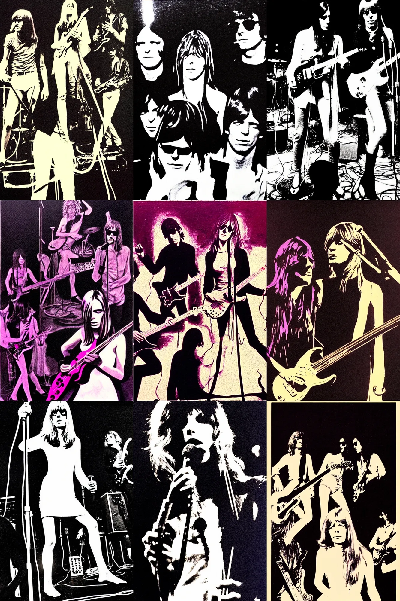 Prompt: the velvet underground playing live on stage in san francisco at a night club in 1 9 6 9, nico wearing a white dress, beautiful stage decoration in the background, art by silvio camboni, very detailed and colorful, moody, relaxed, stoned, trending on artstation