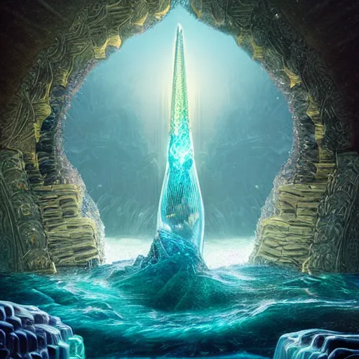 Prompt: unreal engine, octane render, intricate detail, gilbert williams portrait of a crystal temple in atlantis, iridescent dolphins swimming in the sea, unicorn flying in the sky, paleozoic atlantis