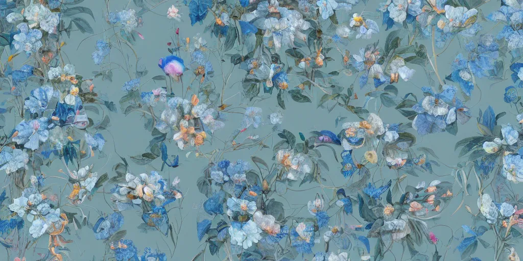 Image similar to breathtaking detailed concept art painting pattern of blend goddesses of light blue flowers with anxious piercing eyes and flowers and fruits and birds, by hsiao - ron cheng and beto val and john james audubon, bizarre compositions, exquisite detail, extremely moody lighting, 8 k