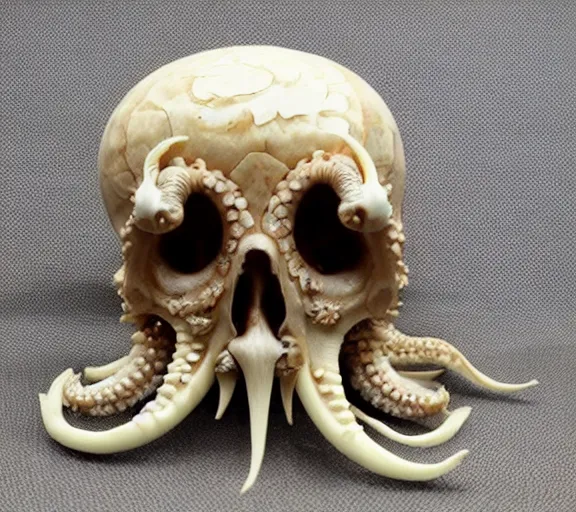 Image similar to an intricately detailed carving in an human - octopus skull, rococo ornate bone and ivory sculpted skull with teeth and tentacles, horror, artifact, micro detailed, inscribed with occult symbols, otherworldly