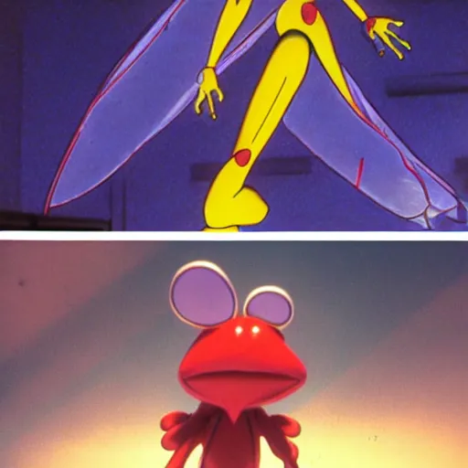Image similar to Stills from the anime Neon Genesis Evangelion, Kermit the Frog from Sesame Street as an attacking angel