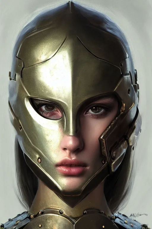 Image similar to a photorealistic painting of an attractive young girl, partially clothed in metal-plated battle armor, olive skin, long dark hair, beautiful bone structure, symmetrical face, perfect eyes, intricate, elegant, digital painting, concept art, illustration, sharp focus, minimal artifacts, volumetric lighting, from Metal Gear, in the style of Ruan Jia and Mandy Jurgens and Greg Rutkowski, trending on Artstation, award winning