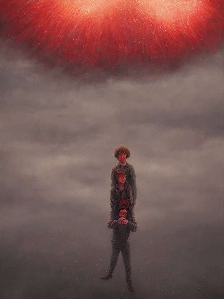 Image similar to a detailed painting with Mike Wheeler of Stranger Things being held by the red dust, bizarrely sinister sky, rain, fear, traces by Andrew Ferez, cg society, fantasy art, biomorphic, mystical, whimsical