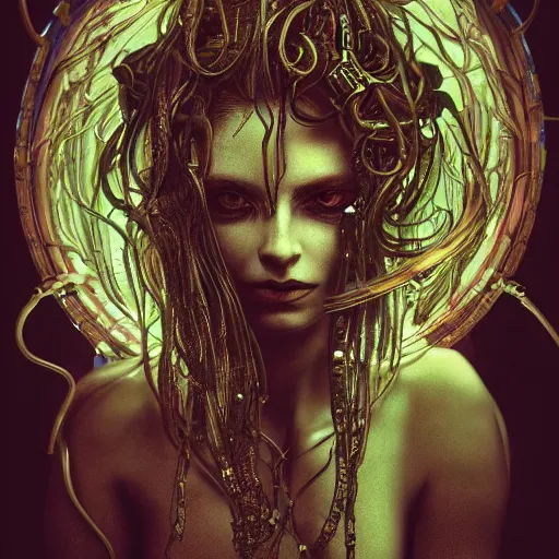 Image similar to Cyberpunk medusa, dark atmosphere, cinematic shot, intricate, ornate, photorealistic, ultra detailed, realistic, 35mm, photography, neon, octane, high definition, depth of field, bokeh, 8k, artstation, ((alphonse mucha)), (hr giger)