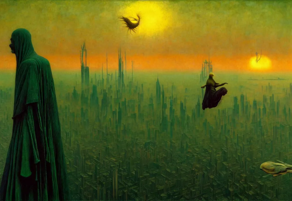 Image similar to realistic detailed portrait movie shot of a birdman wearing dark green ragged robes, futuristic city sunrise landscape background by denis villeneuve, jean delville, yves tanguy, alphonse mucha, ernst haeckel, max ernst, roger dean, rich moody colours, ethereal, closeup