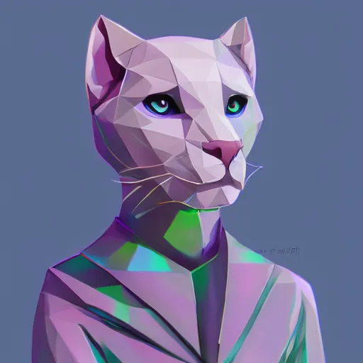 Image similar to aesthetic albino panther fursona portrait, commission of a anthropomorphic kitten, fursona wearing stylish clothes, holographic winter armosphere, pastel simple art, low poly