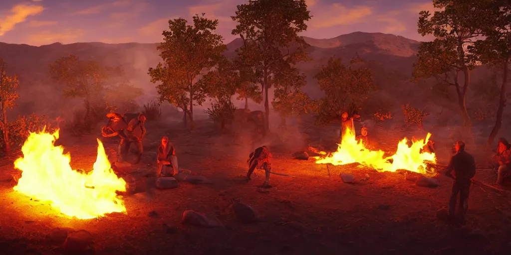 Prompt: indegenous people making fire, andean sunset, unreal 5, hyperrealistic, realistic, photorealistic, dynamic lighting, highly detailed, cinematic landscape, studio landscape, studio lighting