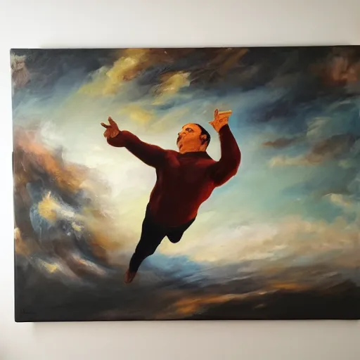 Image similar to expressive oil painting of a man falling form the sky with clouds, view from top looking down,