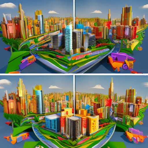 Image similar to A story book with pop up cities on its pages. 3D Render, colorful, magical.