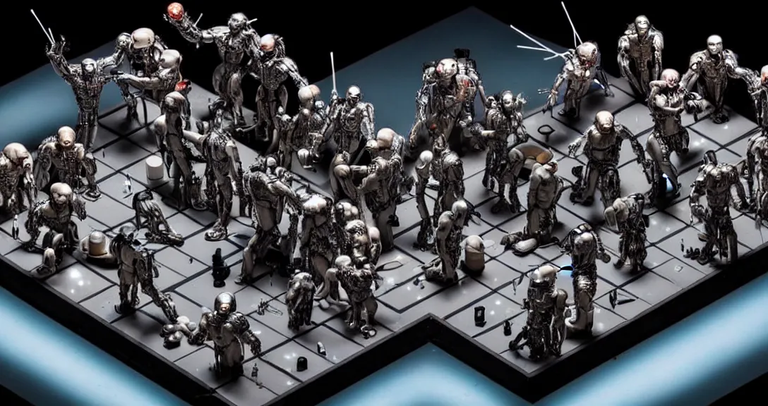 Image similar to war, 13 diverse cyborgs on one_side of a reflective !cybernetic table, posing_as_last_supper, inticrate detailed glowing implants, highly detailed, dramatic lighting, electrical details, high details, beautiful lighting