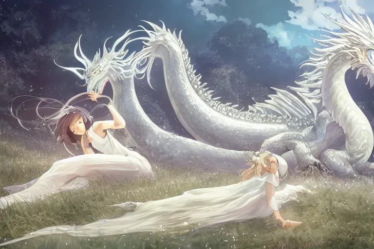 Prompt: a hyper detailed big render of princess lie on the ground be surrounded snuggle by a huge silver white dragon, in the white clouds fairyland center, finely detailed angelic face, style of studio ghibli, makoto shinkai, xision, ilya kuvshinov and artgerm, kazuki tanahashi, james jean, animation, golden curve composition, telephoto lens