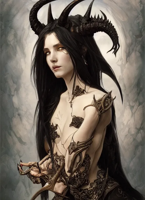 Image similar to a beautiful illustration of a satanic witch with horns in head holding a dragon, intricate, sharp focus, illustration, highly detailed, digital painting, concept art, matte, art by wlop and artgerm and greg rutkowski and alphonse mucha, masterpiece