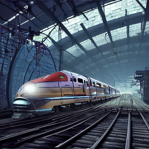 Image similar to Immense industrial futuristic train arrives at cyber punk city station, cinematic lighting,