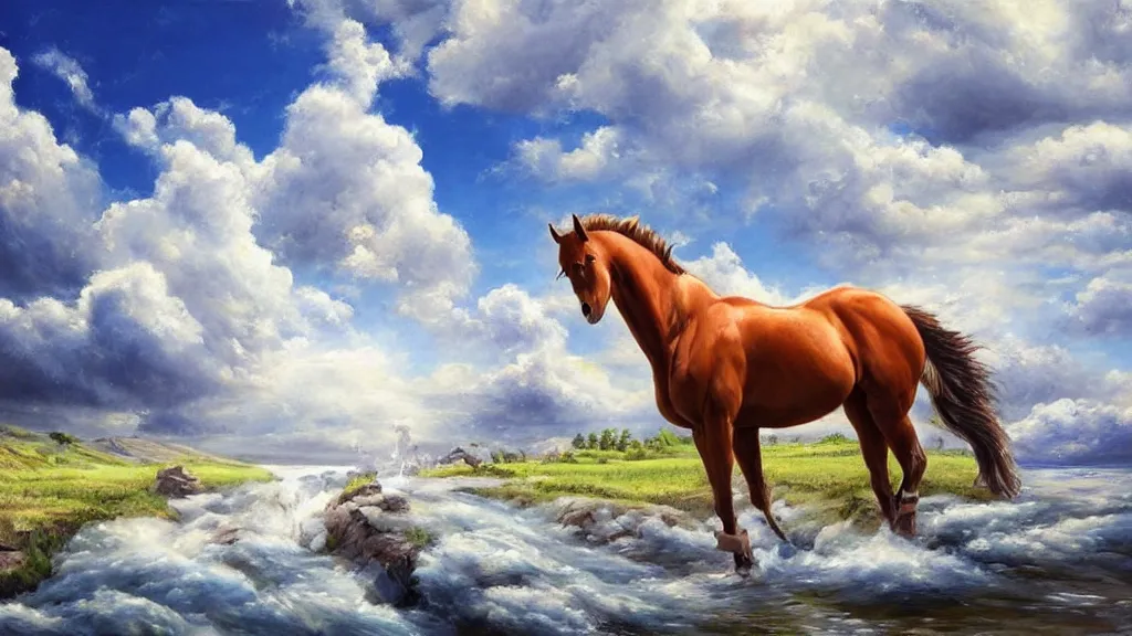 Image similar to very realistic oil painting of horse made of clouds , beautiful, highly detailed, masterpiece, next to a small crystal clear river, Hearthstone style