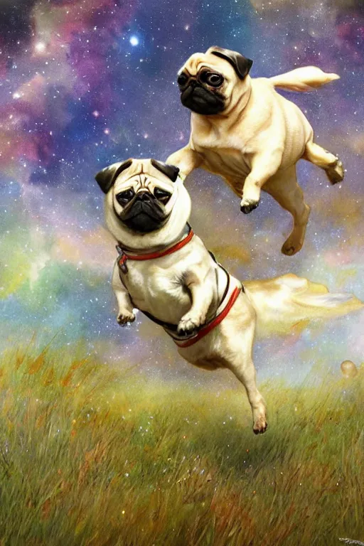 Prompt: a flying cream-colored pug running through a beautiful nebula of grass and sunshine, water color, art by artgerm and greg rutkowski and alphonse mucha and jin xiaodi and anthony divine