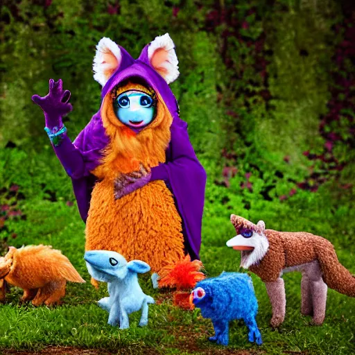 Prompt: a chibi foxfolk muppet druid wearing a hooded cloak with a small herd of random muppet animals following behind, sesame street, photograph, photography, ultrarealistic, national geographic