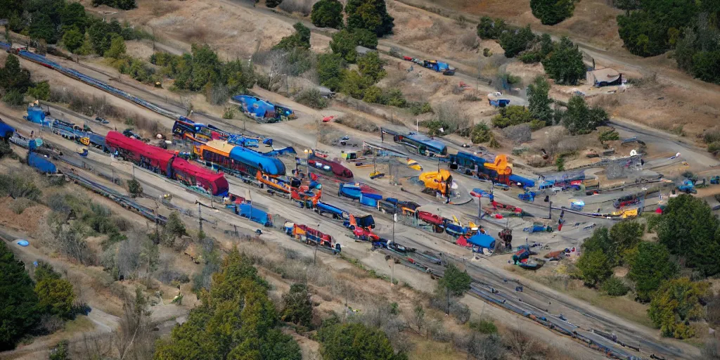 Prompt: aerial shot of a teddy bear train station, professional photography,