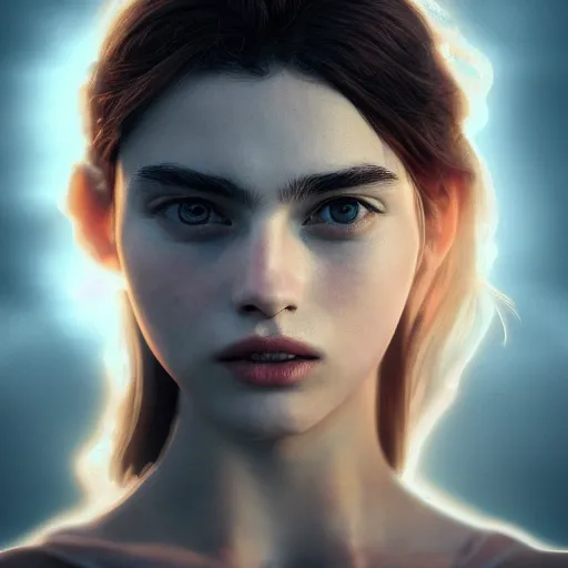 Image similar to portrait art of female angel by alessio albi 8 k ultra realistic, lens flare, atmosphere, glow, detailed, intricate, full of colour, cinematic lighting, trending on artstation, 4 k, hyperrealistic, focused, extreme details, unreal engine 5, cinematic, masterpiece