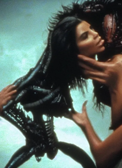 Image similar to cinematic film still of kim kardashian being held by the throat by a predator in Alien.