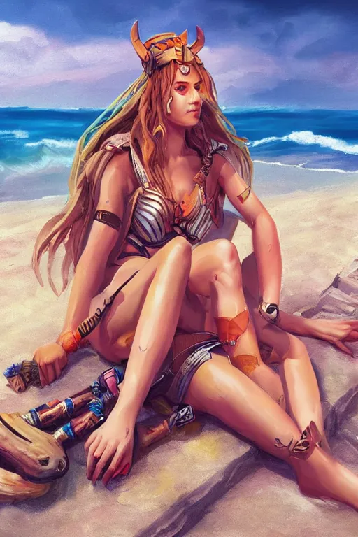 Prompt: artwork of a valkyrie girl chilling on a beach, chill scenes, warm colors, hd, hyper detailed, 4 k