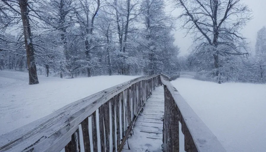 Prompt: wooden guardrails covered by snow in beautiful winter landscape. fog, snowstorm, photorealistic rendering, octane, depth of field, blurry