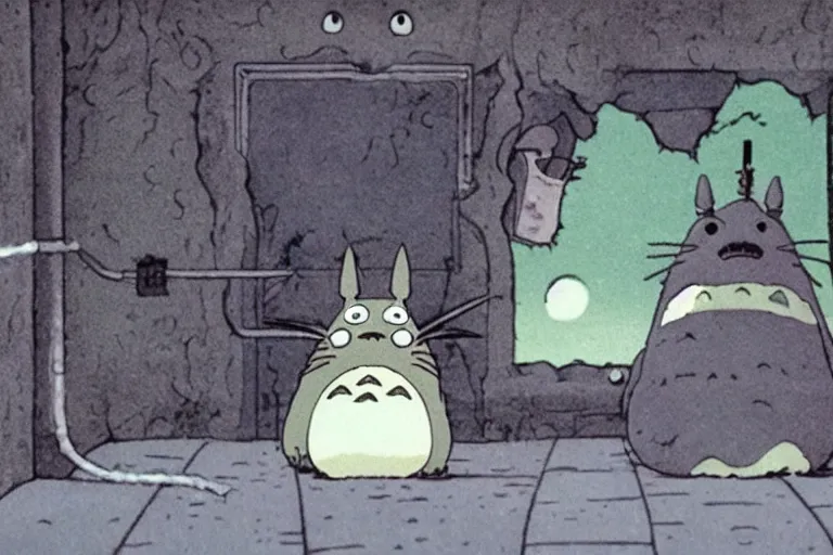 Prompt: stop motion film, totoro stalks his prey in the dank sewer