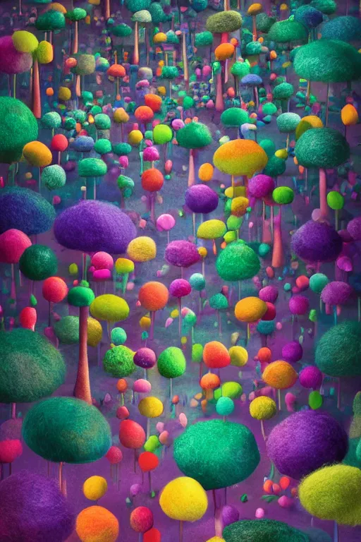 Image similar to a matte digital painting of a candy forest at night, bokeh, bright colours, watercolor, volumetric wool felting, macro photography, children illustration, by alex grey and goro fujita