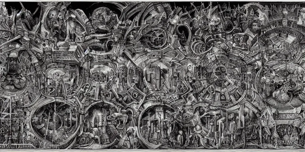 Image similar to labyrinth megastructure in the style of heironymus bosch, dark intricate masterpiece, hyper detailed, hd