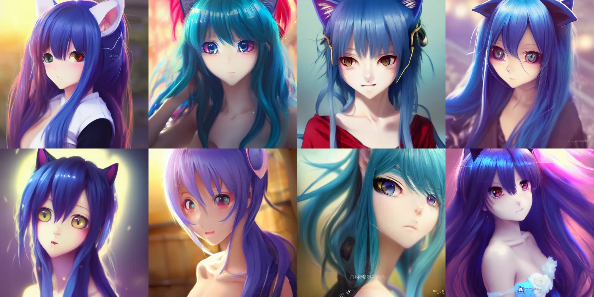 Prompt: very beautiful anime cat girl, neko, long blue hair, azure blue watery eyes, full round face, seductive over the shoulder glances, lens flare, cinematic lighting, medium shot, mid-shot, highly realistically detailed, trending on pixiv, Unreal Engine 4k, Stanley Artgerm Lau, WLOP, Rossdraws, James Jean, Marc Simonetti, Sakimichan