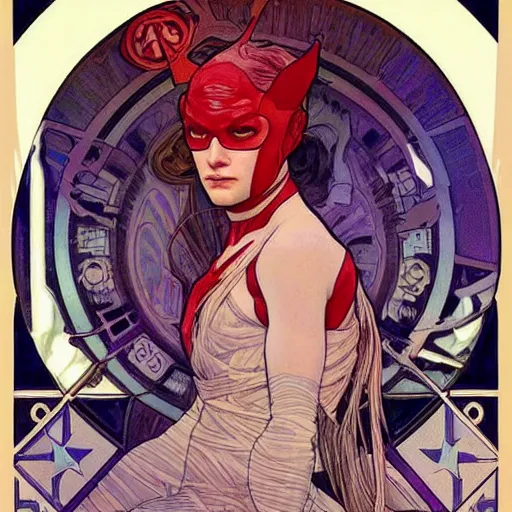 Image similar to daredevil portrait and costume designs, intricate, elegant, highly detailed, digital painting, smooth, sharp focus, illustration, art by alphonse mucha