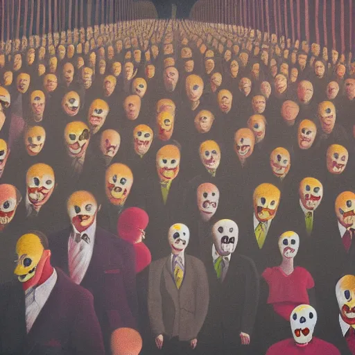 Prompt: a matte surrealist painting of a sad clown in a crowd of business man