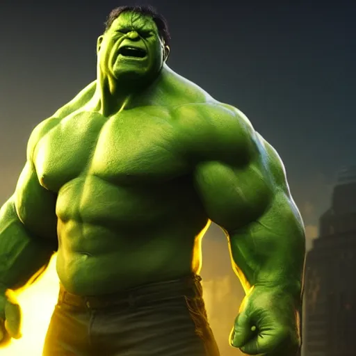 Image similar to Steve Ballmer as The Incredible Hulk, artstation, mythical, 8k photorealistic, cinematic lighting, HD, high details, atmospheric