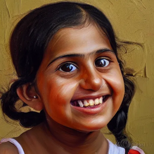 Image similar to high quality high detail painting by lucian freud, hd, smiling cute indian girl portrait, photorealistic lighting