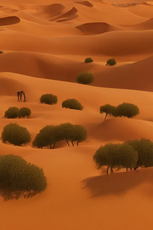 Prompt: a vast arabic desert landscape with minimal vegetation in the style of thomas cole and a group of camels crossing a dune, raytracing, 8 k, octane render, volumetric, vivid, beautiful, hyperrealism