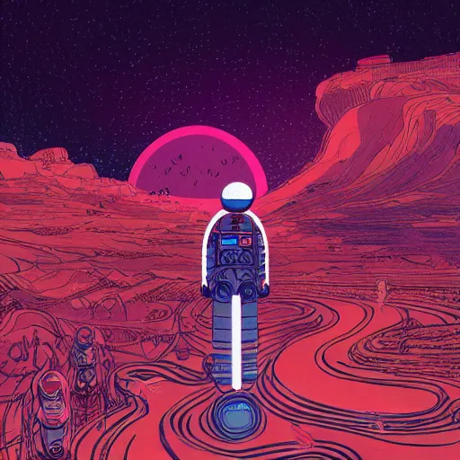 Image similar to !dream Stunningly intricate illustration of a scared astronaut explorer running trough a plain valley of planet Mars trough 3 columns of white neon light of infinite height, highly detailed, midnight, by Victo Ngai and James Gilleard , Moebius, Laurie Greasley