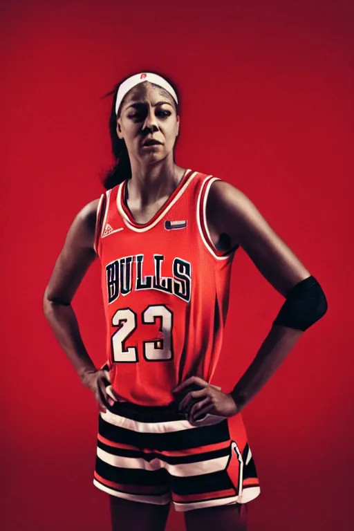 Image similar to candace parker in bulls jersey, high contrast, high saturation cinematic film still