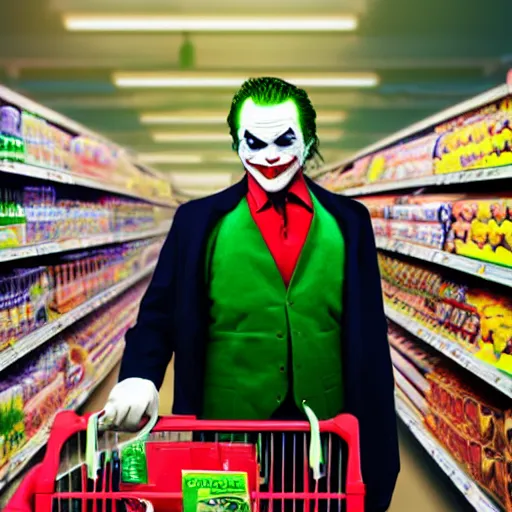 Prompt: joker shopping at the supermarket, realistic photo