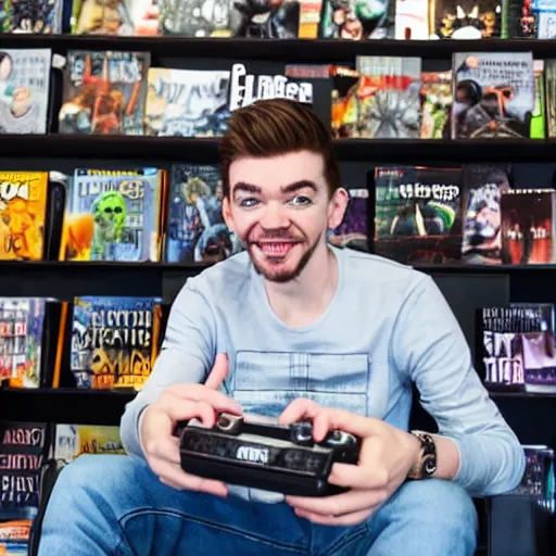 Image similar to jacksepticeye wearing blue jeans playing a video game in a bookstore