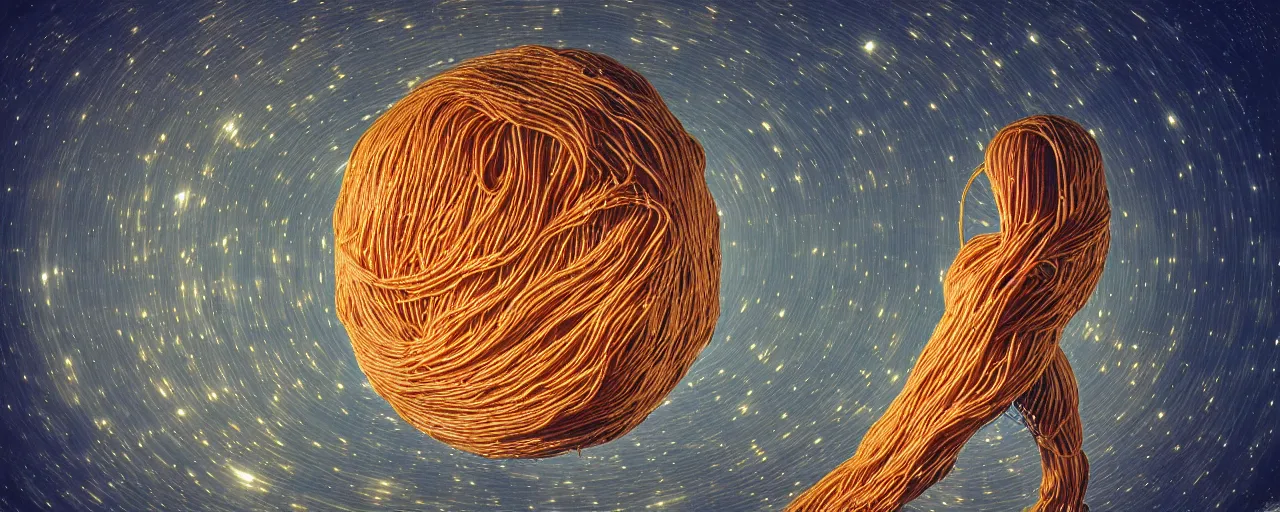 Image similar to an alien species made of spaghetti looking at earth from space, canon 5 0 mm, cinematic lighting, photography, retro, film, kodachrome