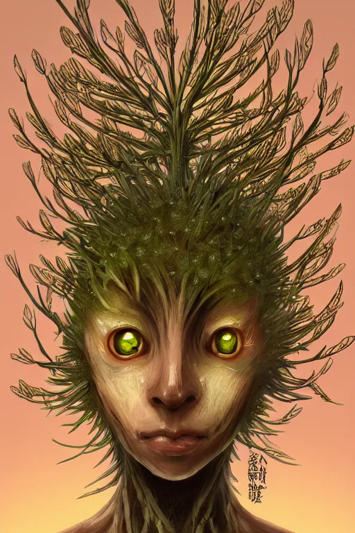 Image similar to a humanoid figure dandelion plant monster, amber eyes, highly detailed, digital art, sharp focus, ambient glow, trending on art station, anime art style