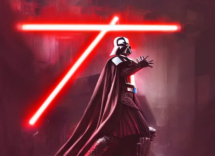 Image similar to a dramatic highly detailed render of darth vader with red lightsaber drawn facing a cute baby with its back to the camera, futuristic star wars vibe, by WLOP and Artgerm and Greg Rutkowski and Alphonse Mucha, Beautiful dynamic dramatic dark moody lighting, shadows, cinematic atmosphere, Artstation, concept design art, Octane render, 8K, masterpiece, sharp focus, hyperrealistic