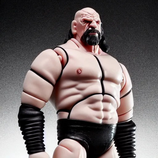 Image similar to Full body shot of a highly detailed flexible Triple H vinyl plastic figurine as a villain, highly detailed face, white background, 3d, high quality, depth of field, high contrast, 8k, concept art, smooth, sharp focus, highly detailed, wrestling, WWE