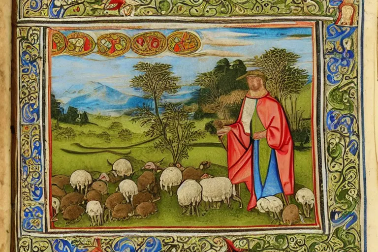 Image similar to medieval illuminated manuscript bible page depicting a tranquil pastoral landscape with sheep