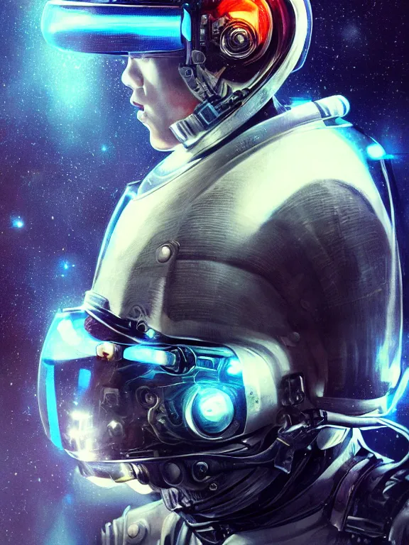 Image similar to portrait art of 8k ultra realistic retro futuristic astronaut, helmet visor smashed, glow around helmet, deep space , detailed intricate ornate armour,blade runner, cybernetic, full of colour, cinematic lighting, trending on artstation, 4k, hyperrealistic, focused, extreme details,unreal engine 5, cinematic, masterpiece, art by ayami kojima, giger