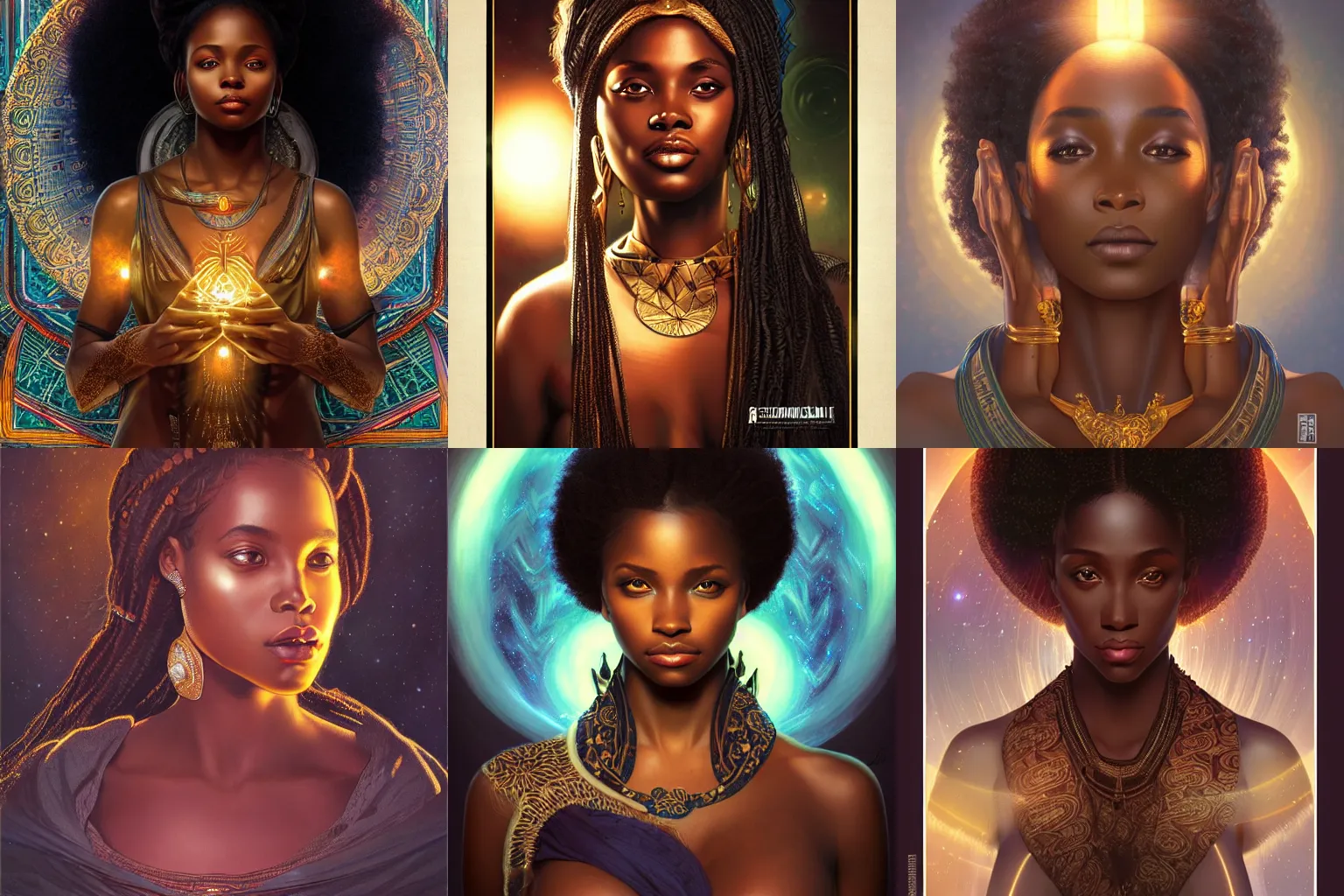 Image similar to black african princess, warm volumetric lighting, cosmic, symmetric, highly detailed, concept art, heavenly, intricate, sharp focus, illustration, alexandros pyromallis, bouguereau, rutkowski, artgerm, alphonse mucha