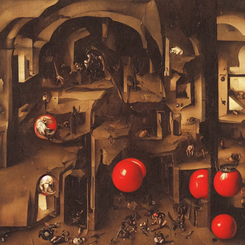 Image similar to dark, gloomy room. on the wooden floor lay red ball. volumetric lighting coming from the broken window. broken photos in frames on walls. chaotic view. creepy feeling. tiny spider hiding in the shadows. hans memling. oil painting.